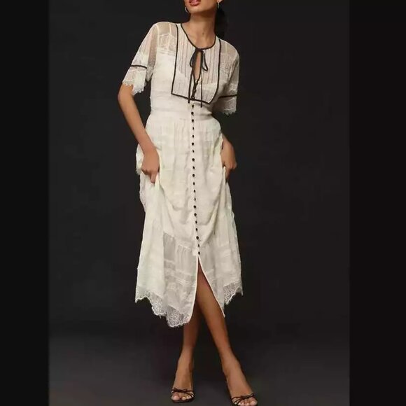 Anthropologie Dresses & Skirts - By Anthropologie Short Sleeve Button Front Lace Midi Dress Size 14 NWT